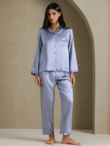 [Stål Blå] SilkSilky-NO Long Sleeve Lapel Collar Pyjamas for Kvinner 006