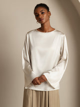 [Hvit] SilkSilky-NO Long Sleeve Boat Neck Bluse 003