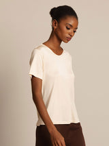 [Beige] SilkSilky-NO Kort erm Rund Hals T-skjorte for Kvinner 007