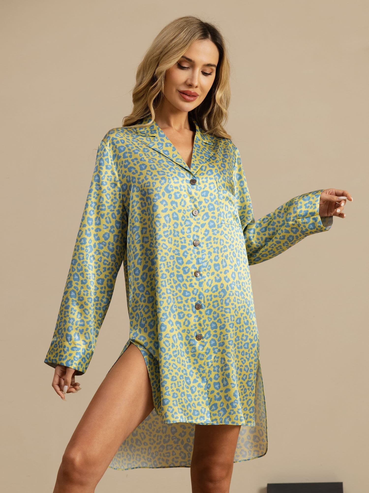 [Grønn Leopard] SilkSilky-NO Langermet Notchkrage Soveskjorte 003