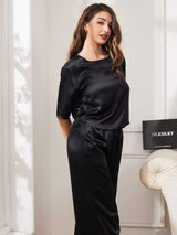 [Svart] SilkSilky-NO Halv erme Round Neck Pyjamas for Kvinner 003