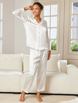 [Hvit] SilkSilky-NO Long Sleeve Lapel Collar Pyjamas for Kvinner 005