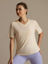 [Beige] SilkSilky-NO Kort erm V Hals T-skjorte for Kvinner 006