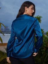 [Blågrønn] SilkSilky-NO Long Sleeve Lapel Collar Skjorte for Kvinner 002