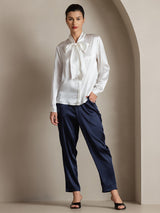 [Hvit] SilkSilky-NO Long Sleeve Tie Neck Damebluser 005