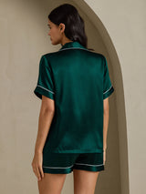 [Mørk Grønn] SilkSilky-NO Short Sleeve Lapel Collar Pyjamas for Kvinner 002