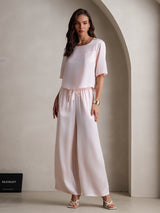 [Rosa] SilkSilky-NO Halv erme Round Neck Pyjamas for Kvinner 004