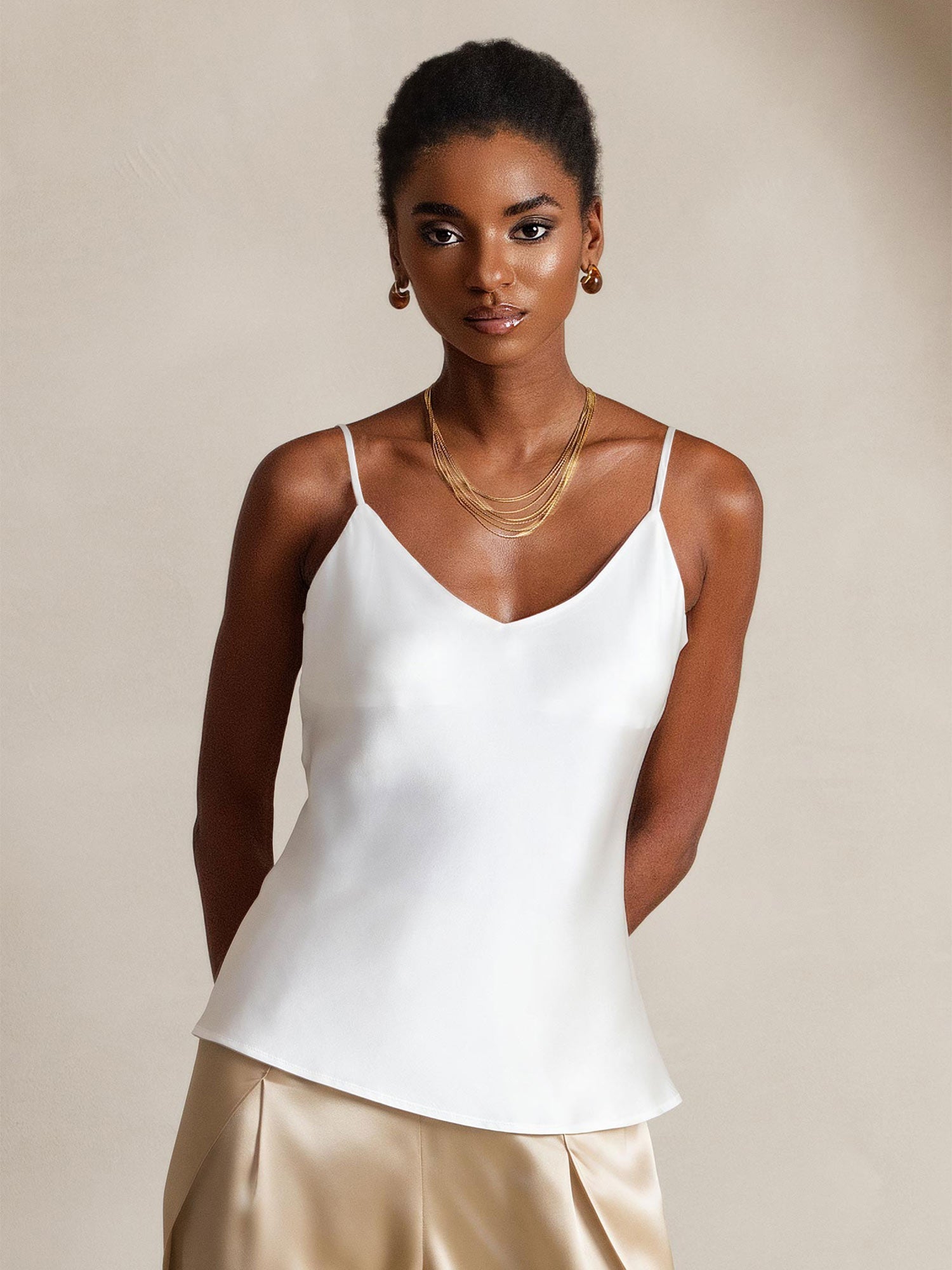 [Hvit] SilkSilky-NO Spaghetti Strap V Neck Camisole Topp 001