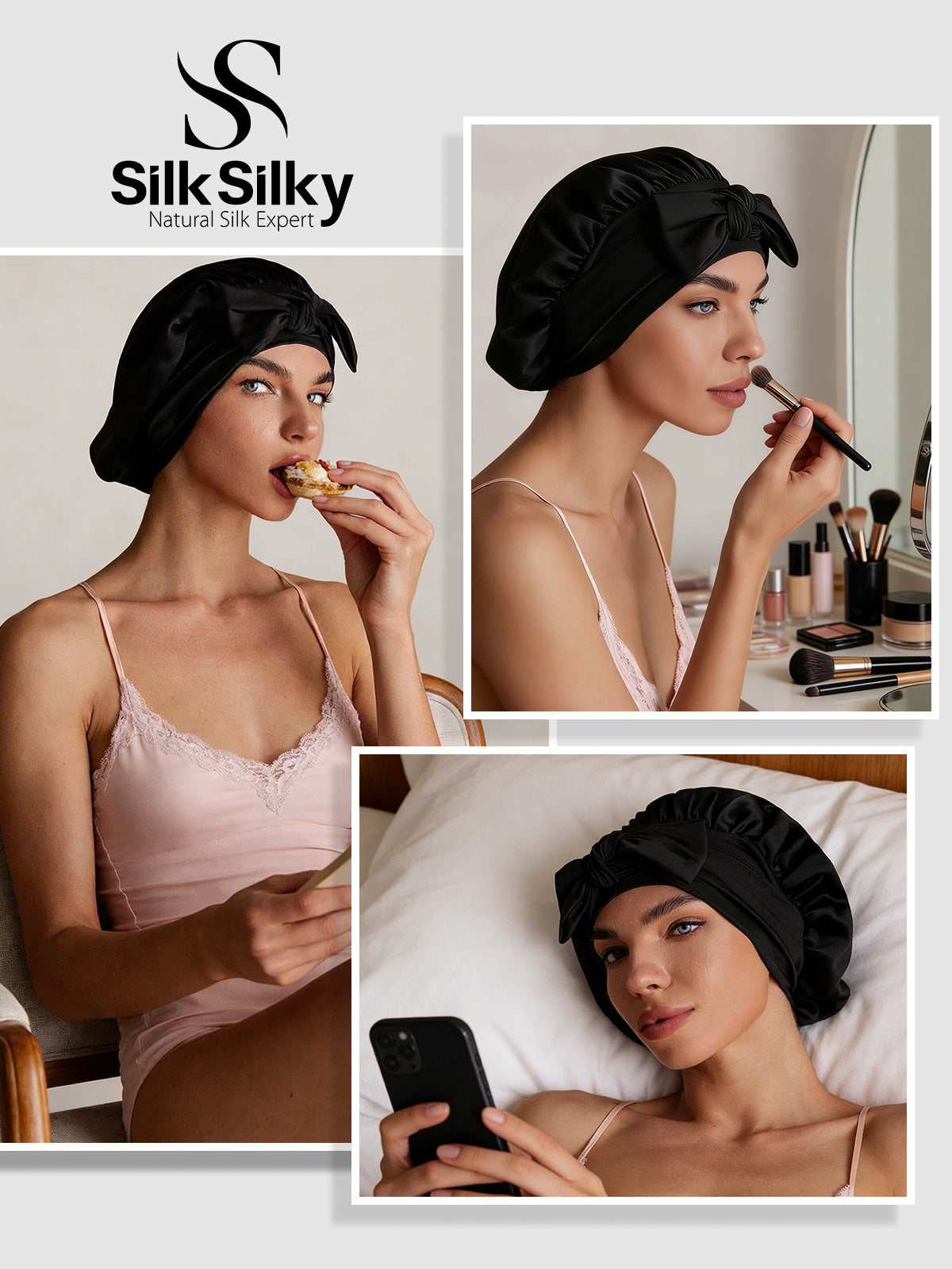 [Svart] SilkSilky-NO Silke Sleep Cap 005