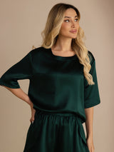 [Mørk Grønn] SilkSilky-NO Short Sleeve Round Neck Pyjamas for Kvinner 005