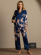 [Mørke blå] SilkSilky-NO 19Momme Langermet Notchkrage Pyjamas for Kvinner 004