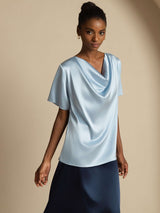 [Gråblå] SilkSilky-NO Short Sleeve Cowl Neck Damebluser 005