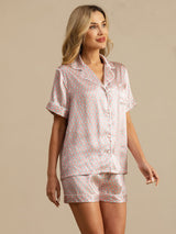 [Rosa Hjerte Geo] SilkSilky-NO Short Sleeve Lapel Collar Pyjamas for Kvinner 004