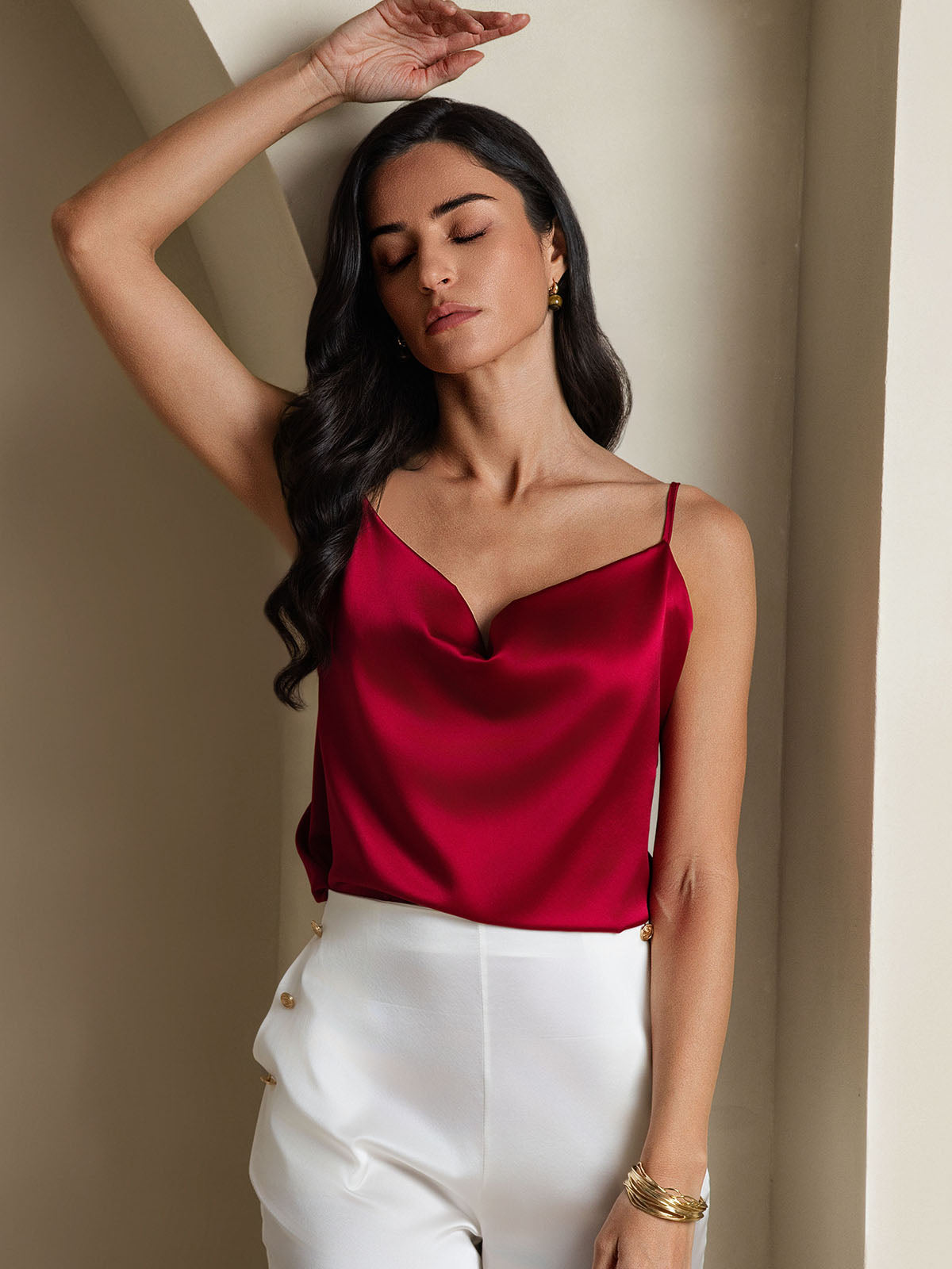[Vin] SilkSilky-NO 19Momme Silke Cowl Neck Camisole Topp 007