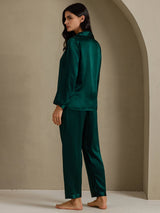 [Mørk Grønn] SilkSilky-NO Long Sleeve Lapel Collar Pyjamas for Kvinner 002