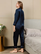 [Mørke blå] SilkSilky-NO Long Sleeve Lapel Collar Pyjamas for Kvinner 004