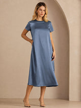 [Ekte Petrol] SilkSilky-NO Short Sleeve Crew Neck Kjole 001