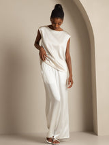 [Hvit] SilkSilky-NO Cap Sleeve Round Neck T-skjorte for Kvinner 008