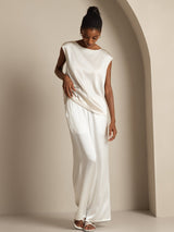 [Hvit] SilkSilky-NO Cap Sleeve Round Neck T-skjorte for Kvinner 008