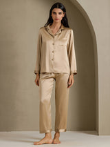 [Sjampanjegull] SilkSilky-NO Long Sleeve Lapel Collar Pyjamas for Kvinner 003