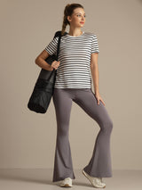 [Hvit Stripe] SilkSilky-NO Kort erm Tett Crew Neck T-skjorte for Kvinner 006