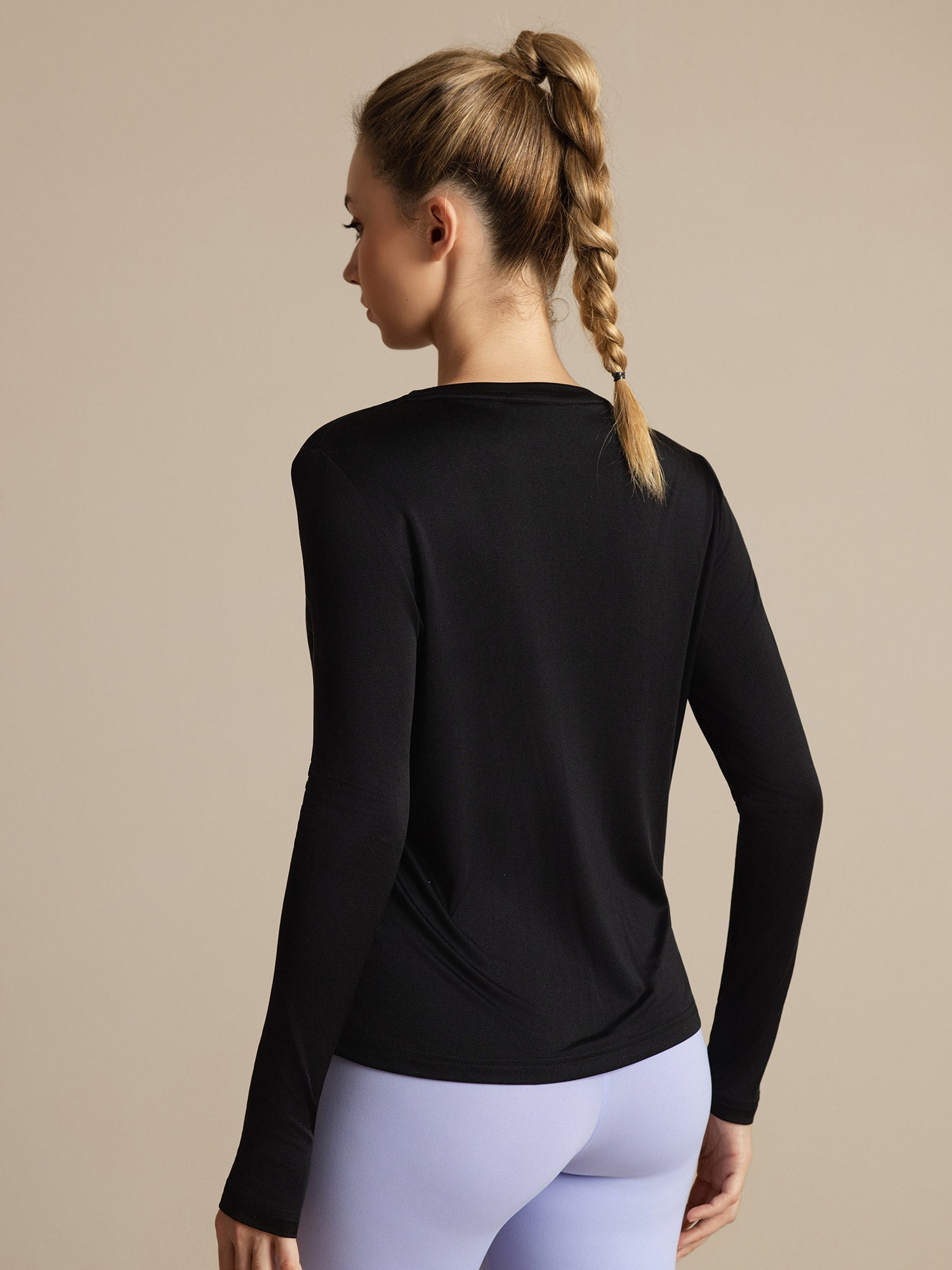 [Svart] SilkSilky-NO Langermet Tett Crew Neck T-skjorte for Kvinner 002