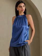 [Ekte Petrol] SilkSilky-NO Sleeveless Halterneck T-skjorte for Kvinner 003