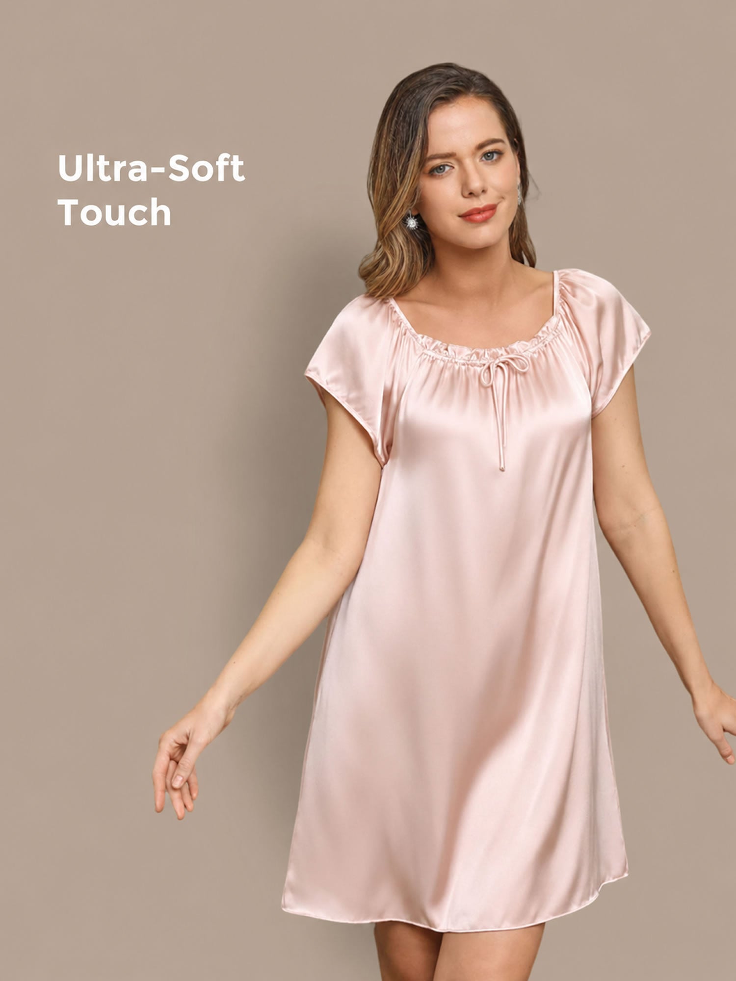 [Lyserosa] SilkSilky-NO Cap Sleeve Square Neck Nattkjole 001