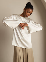 [Hvit] SilkSilky-NO Long Sleeve Boat Neck Bluse 004