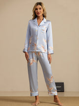 [Lyse Blå] SilkSilky-NO Long Sleeve Lapel Collar Pyjamas for Kvinner 005