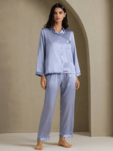[Stål Blå] SilkSilky-NO Long Sleeve Lapel Collar Pyjamas for Kvinner 003