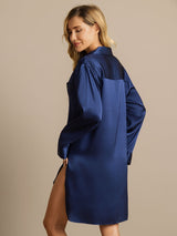 [Mørke blå] SilkSilky-NO Long Sleeve Lapel Collar Soveskjorte 002