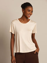 [Beige] SilkSilky-NO Kort erm Rund Hals T-skjorte for Kvinner 001