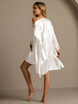 [Hvit] SilkSilky-NO 3/4 Sleeve V Neck Nattkjole og Morgenkåpesett 002