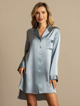 [Gråblå] SilkSilky-NO Long Sleeve Lapel Collar Soveskjorte 001