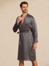 [Svart Ginkgo] SilkSilky-NO Long Sleeve V Neck Morgenkåpe for Menn 004