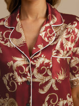 [Vinrød Drage] SilkSilky-NO Short Sleeve Lapel Collar Pyjamas for Kvinner 005