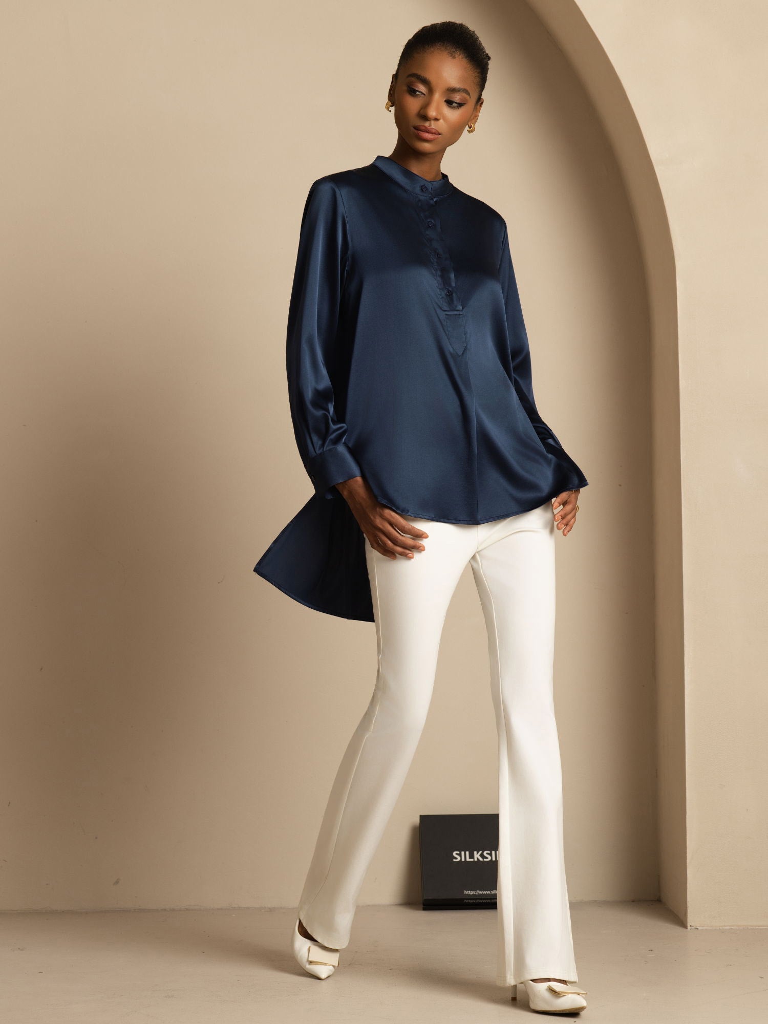 [Mørke blå] SilkSilky-NO 19Momme Silke Langermet Ståkrave Bluse 001