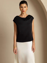 [Svart] SilkSilky-NO Cap Sleeve Cowl Neck T-skjorte for Kvinner 004