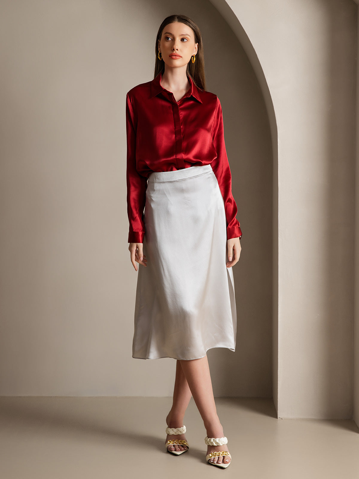 [Vin] SilkSilky-NO 19Momme Silke Lapel Collar Skjorte for Kvinner 006