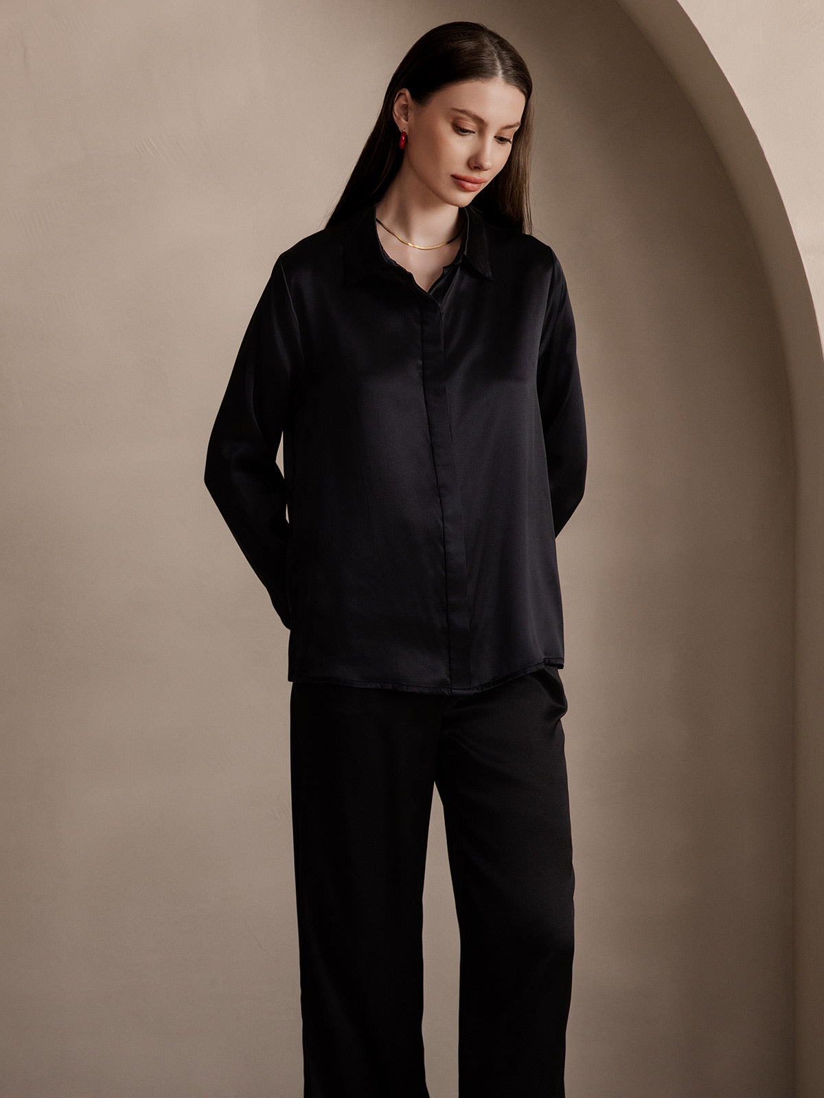 [Svart] SilkSilky-NO 19Momme Silke Lapel Collar Skjorte for Kvinner 005