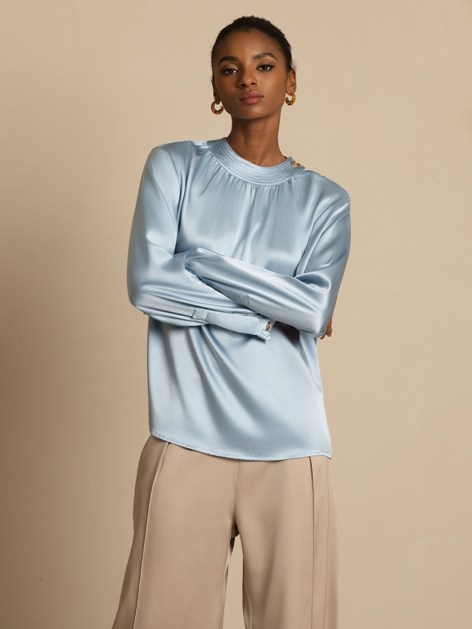 [Gråblå] SilkSilky-NO 19Momme Silke Langermet Rund Hals Bluse 004