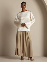 [Hvit] SilkSilky-NO Long Sleeve Boat Neck Bluse 007