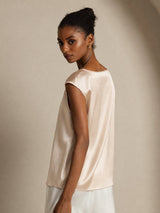 [Beige] SilkSilky-NO Cap Sleeve Round Neck T-skjorte for Kvinner 007