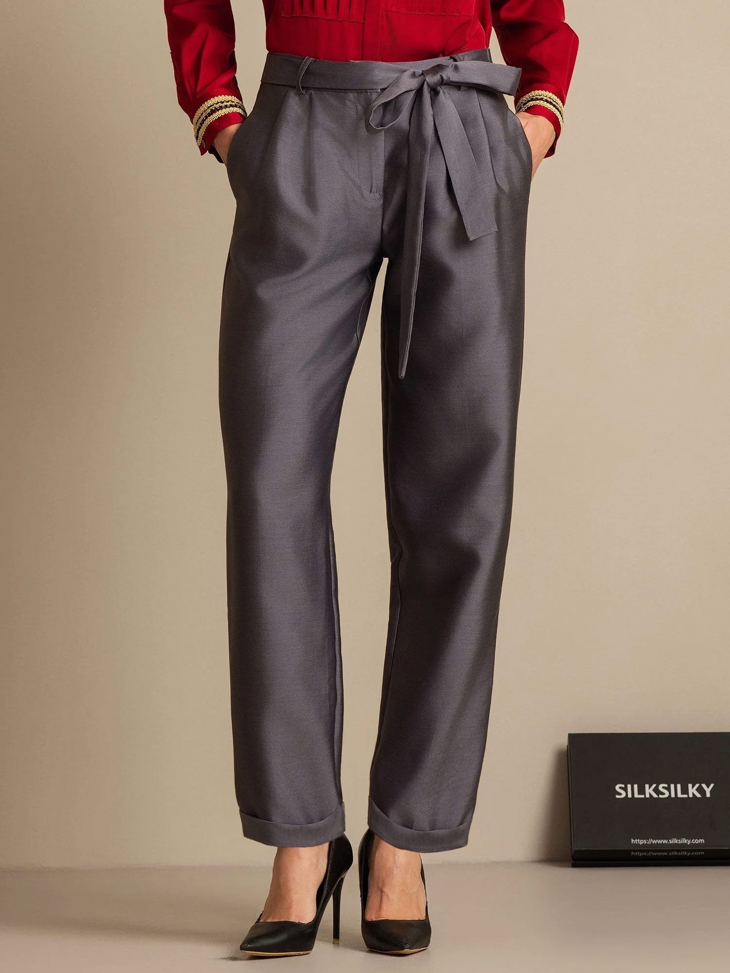 [Grå] SilkSilky-NO 32Momme Silk-Wool Blend Womens Pants 001,