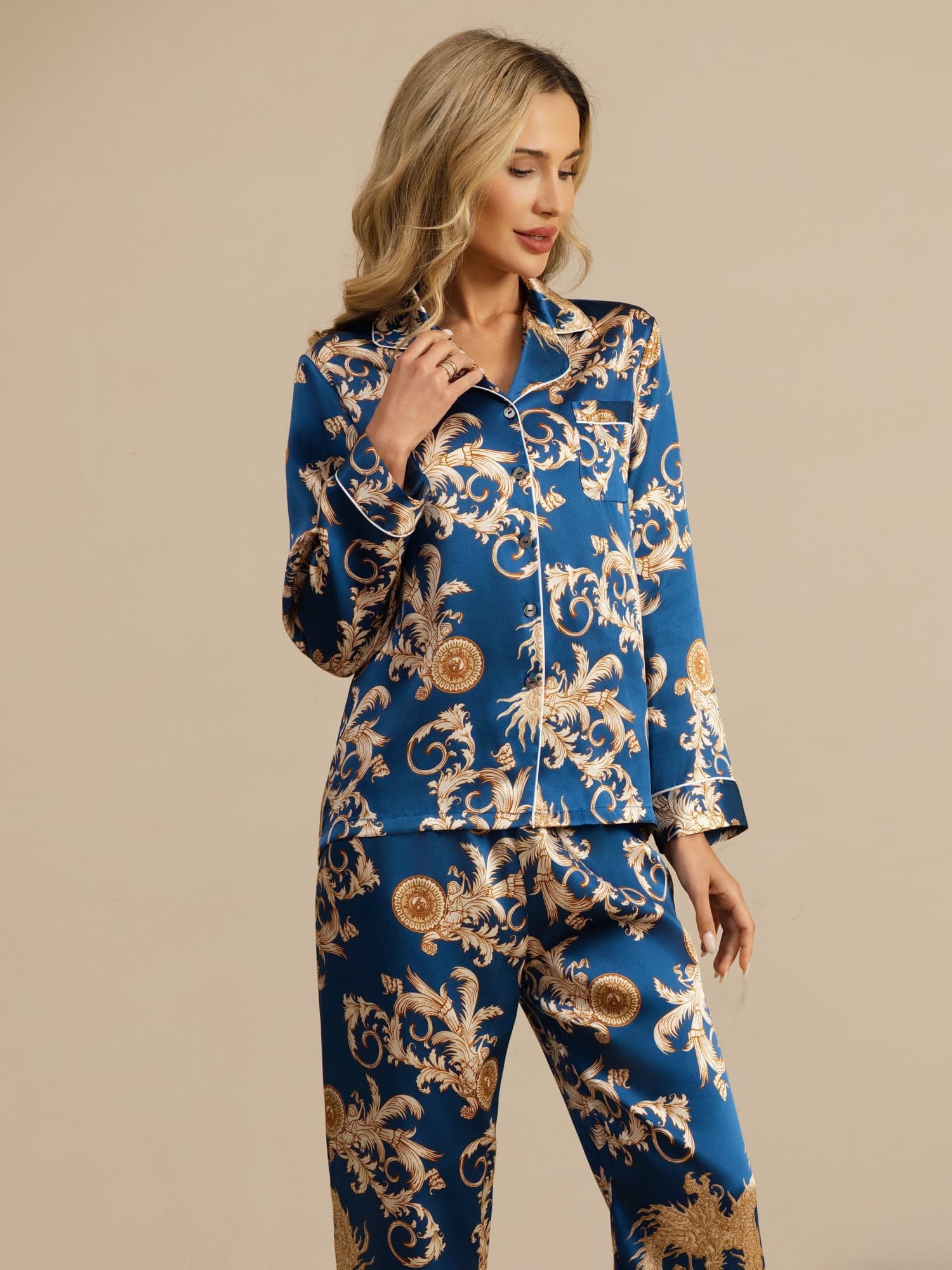 [Navy Drage] SilkSilky-NO Langermet Notchkrage Pyjamas for Kvinner 005