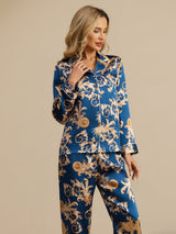 [Navy Drage] SilkSilky-NO Long Sleeve Lapel Collar Pyjamas for Kvinner 005
