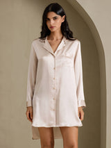[Beige] SilkSilky-NO Long Sleeve Lapel Collar Soveskjorte 003