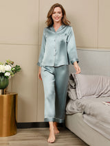 [Lyse Blå] SilkSilky-NO Long Sleeve Lapel Collar Pyjamas for Kvinner 001