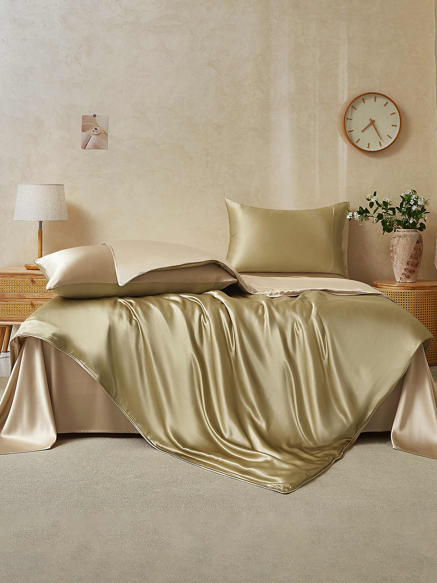 [Beige+Kaki] SilkSilky-NO 19Momme Bedding Set 002,